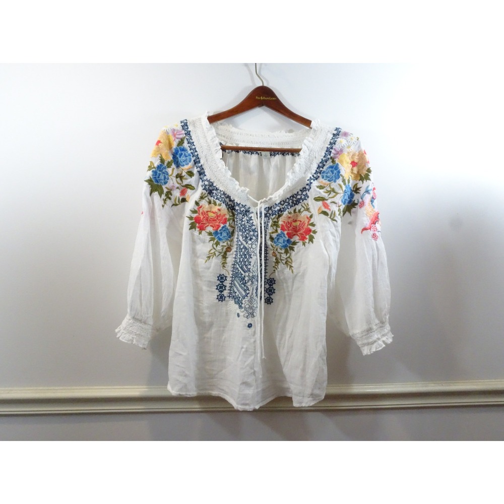 Sundance White Cotton Gauze Embroidered Floral Peasant Blouse Top Large Boho